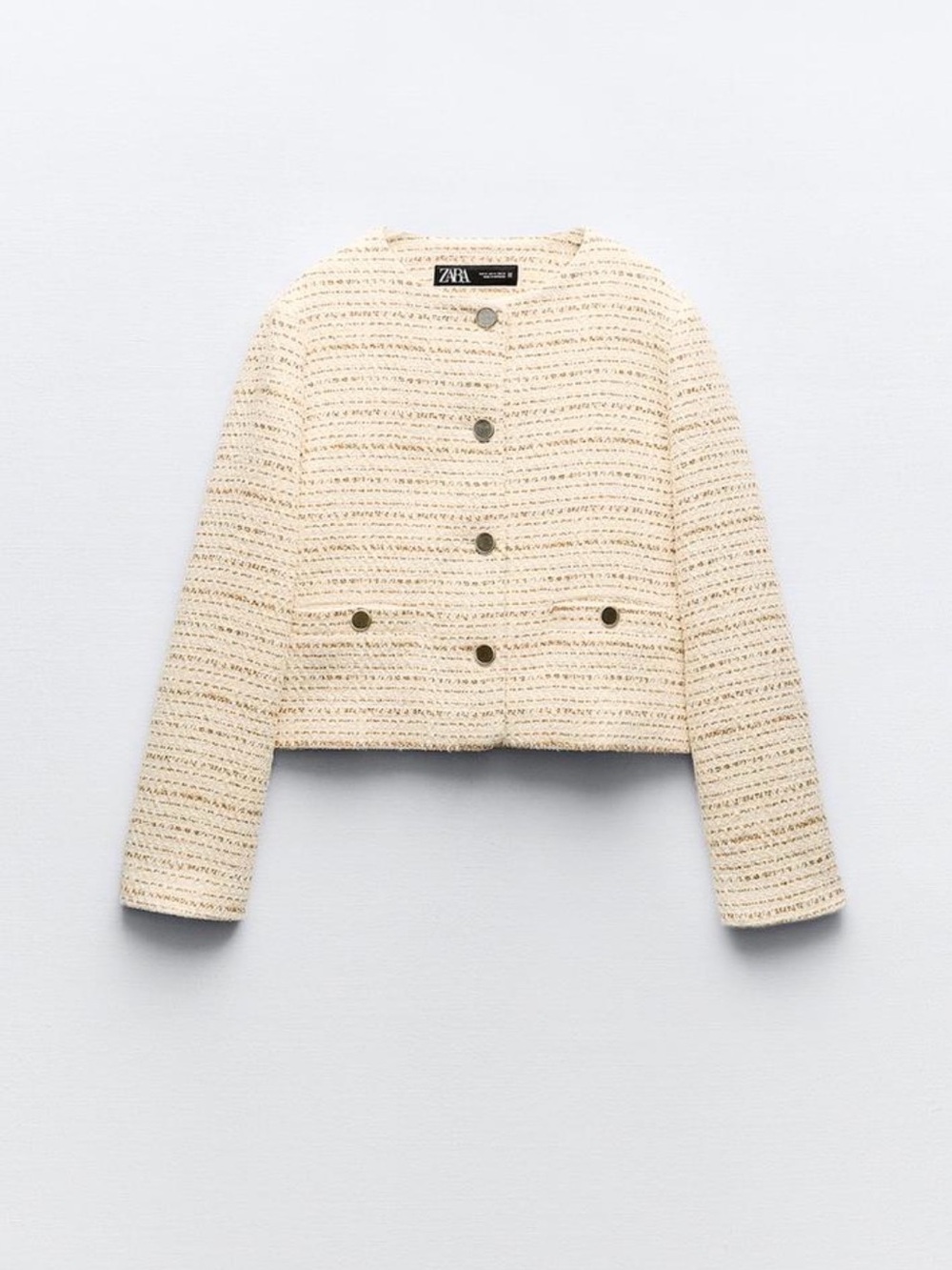 ZARA Cream Tweed Cropped Blazer with Gold Buttons